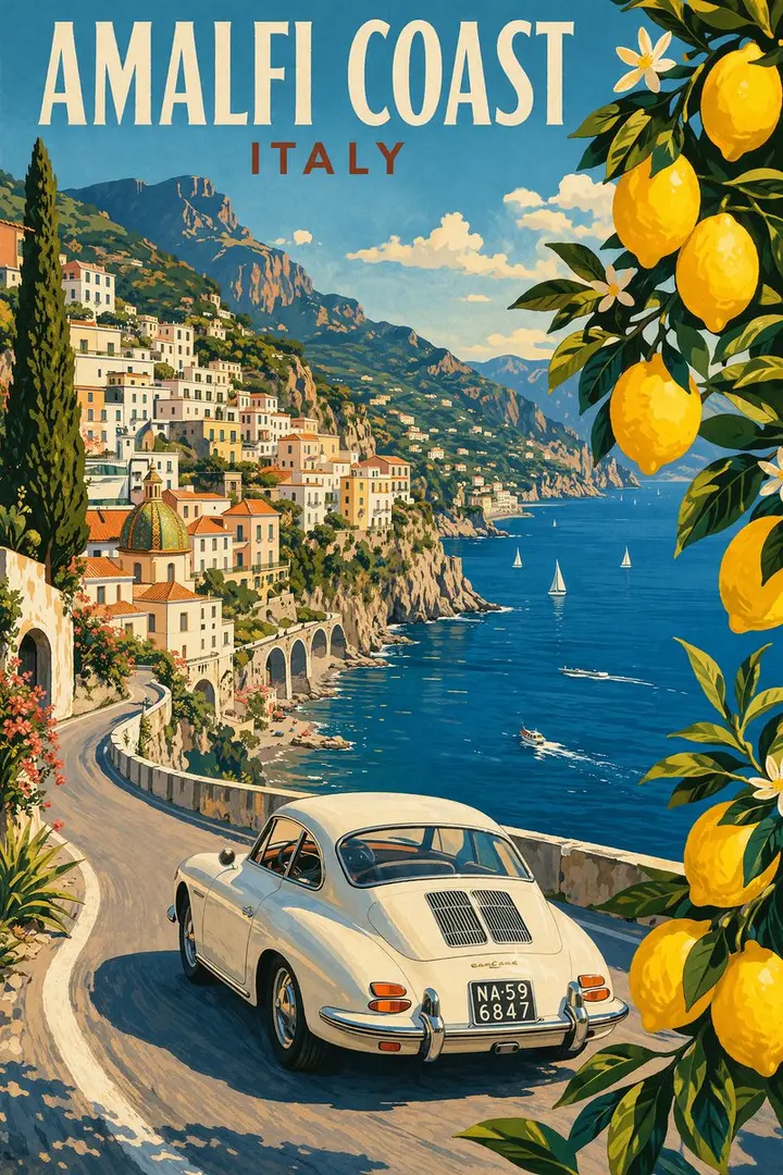 Amalfi Coast Vintage Travel Poster, made with Kromoss AI