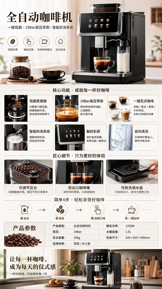 Automatic Coffee Machine Product Page, made with Kromoss AI