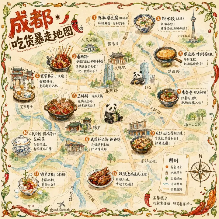 Chengdu Hand Drawn Food Map, made with Kromoss AI