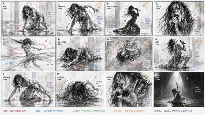 Contemporary Dance Performance Storyboard, made with Kromoss AI
