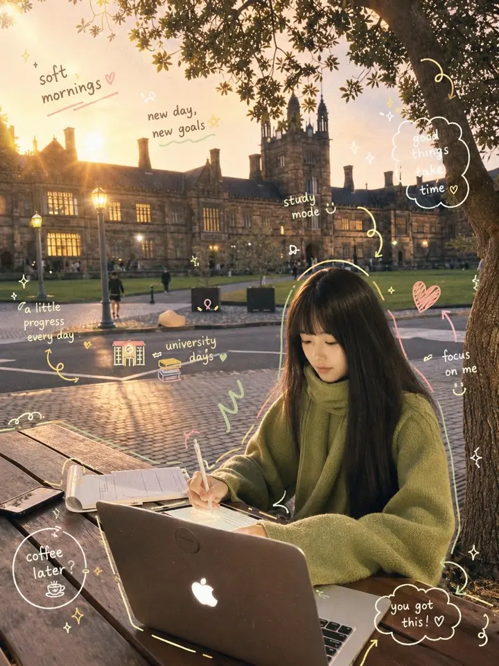 Cozy Academia Outdoor Study Scene, made with Kromoss AI