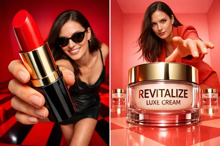Deep Red Studio Beauty Campaign, made with Kromoss AI