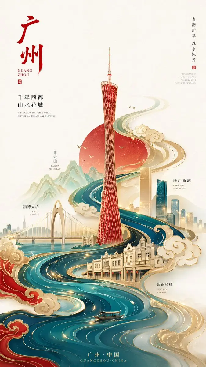 Gilded Canton Tower Minimal Poster, made with Kromoss AI