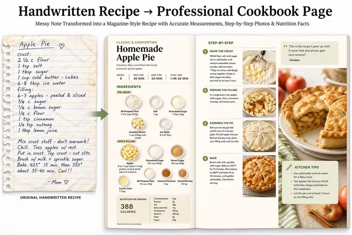 Handwritten Recipe Cookbook Spread, made with Kromoss AI