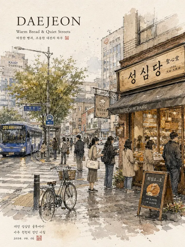 Korean City Watercolor Travel Sketch, made with Kromoss AI