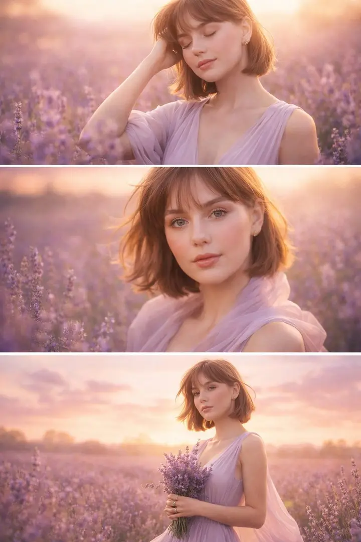 Lavender Field Sunrise Triptych, made with Kromoss AI