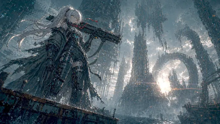 Mecha Girl in Abandoned Sea City, made with Kromoss AI