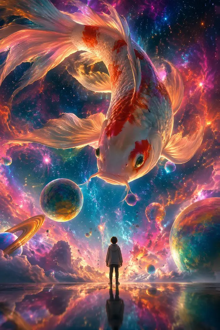 Nebula Koi and Tiny Figure, made with Kromoss AI