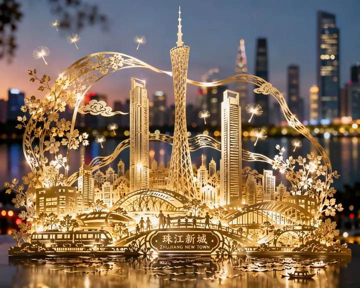 Paper Cut Zhujiang New Town Night, made with Kromoss AI