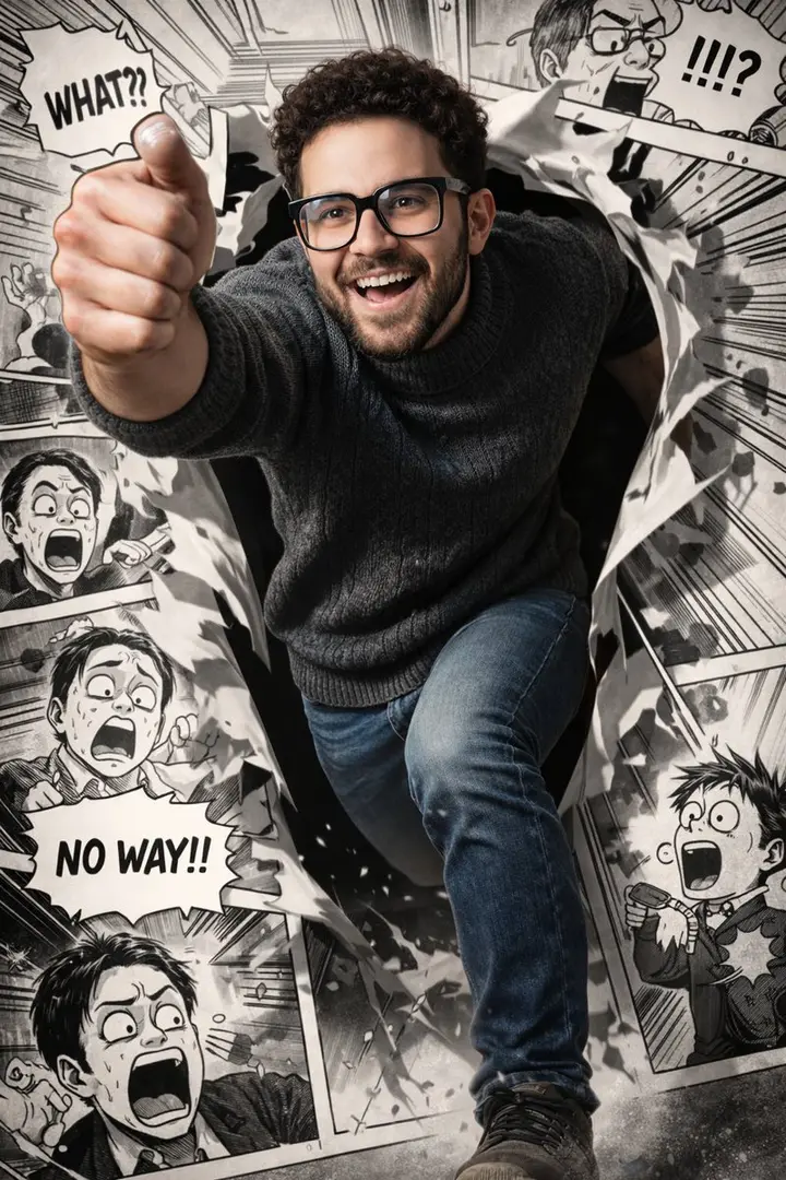 Photoreal Comic Runner Breaking Frame, made with Kromoss AI