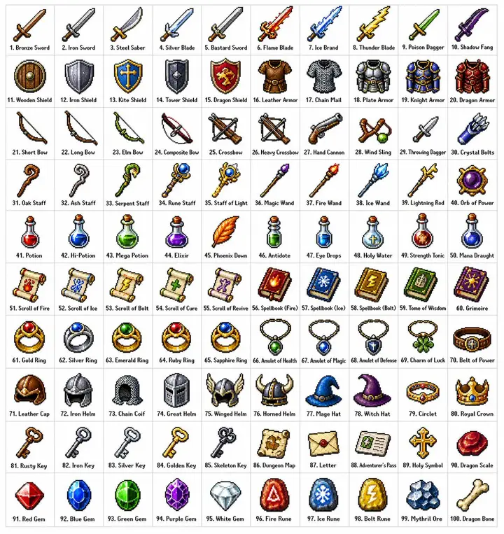 Pixel Art RPG Item Grid, made with Kromoss AI