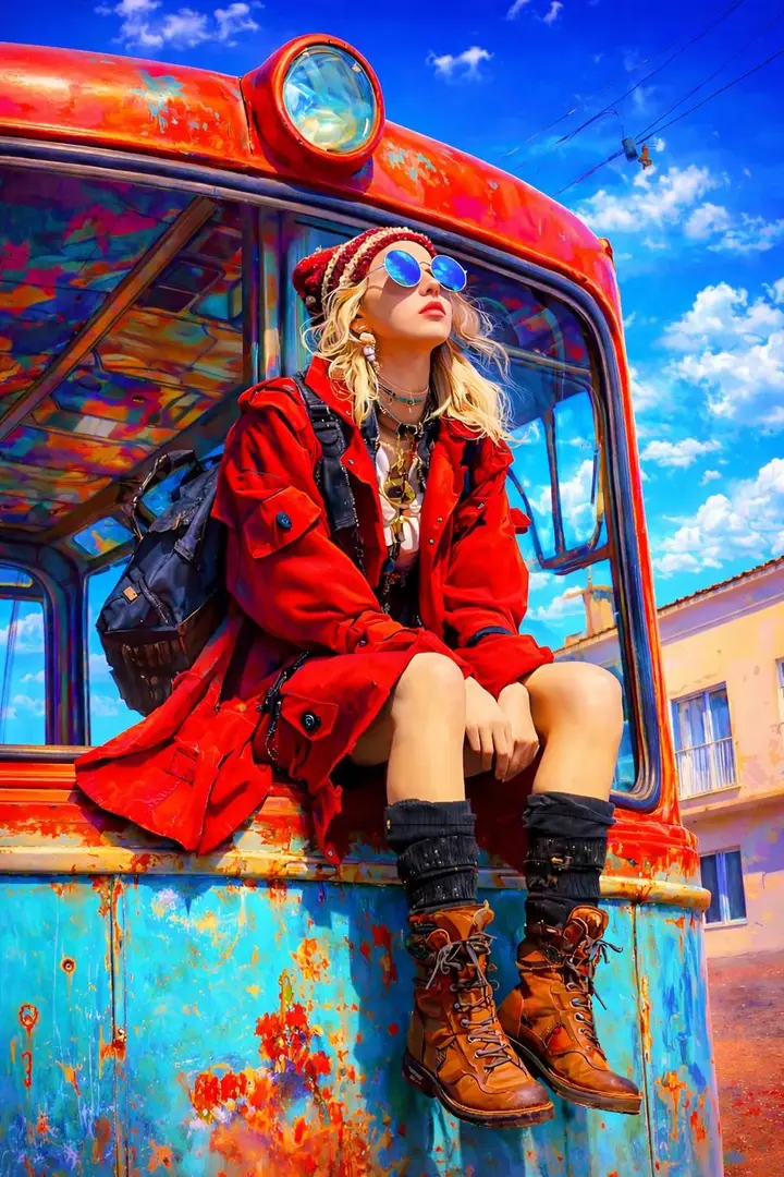 Red Trench Coat on Vintage Bus, made with Kromoss AI