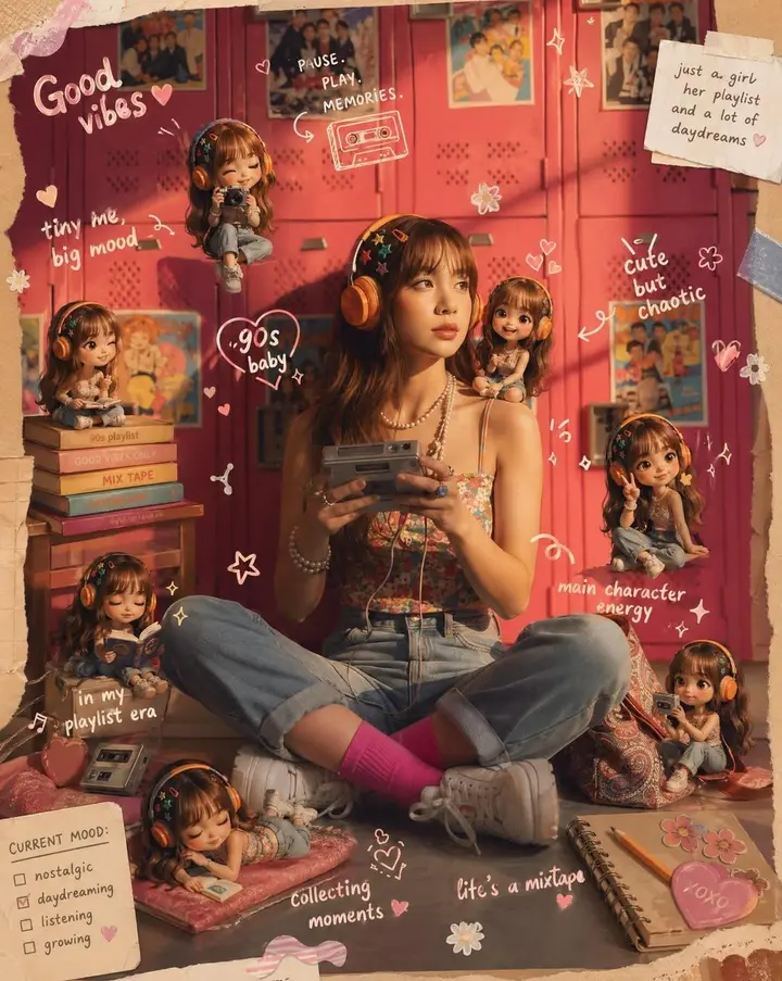Scrapbook Portrait with Mini Selves, made with Kromoss AI