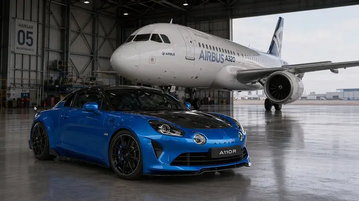 Sports Car in Aircraft Hangar, made with Kromoss AI