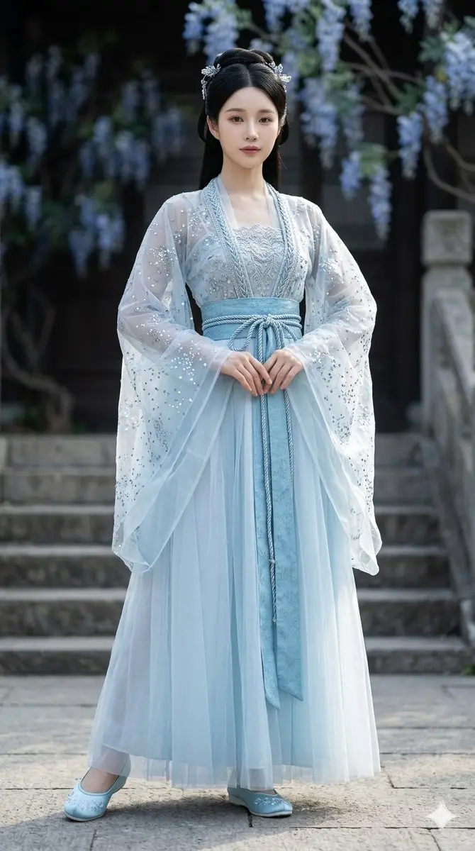 Starry Ice Blue Ruqun Outfit, made with Kromoss AI