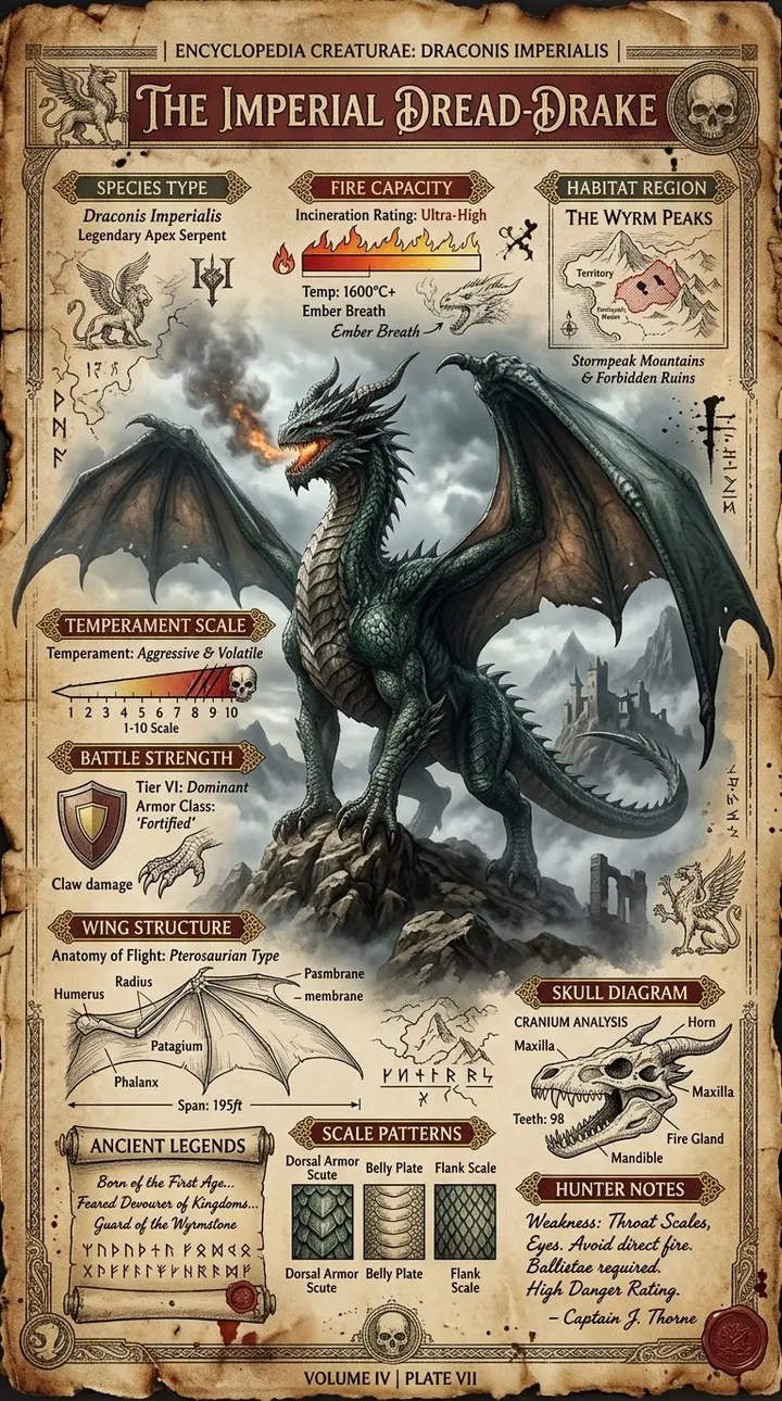 Vintage Dragon Species Encyclopedia Poster, made with Kromoss AI