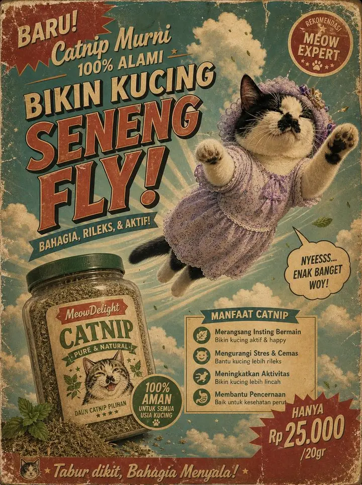 Vintage Indonesian Catnip Advertisement, made with Kromoss AI